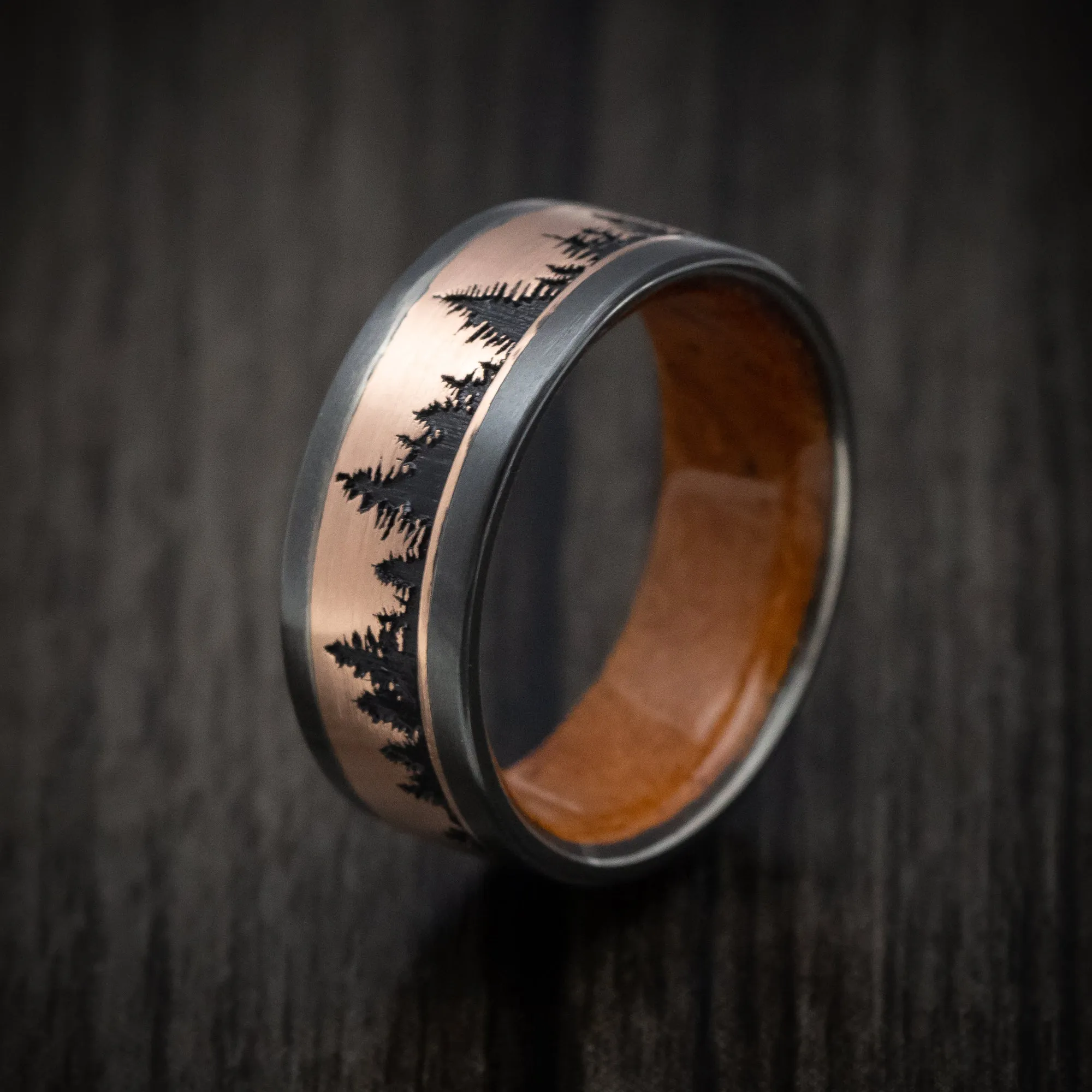 Black Zirconium and Gold Spruce Pine Tree Design Men's Ring with Wood Sleeve