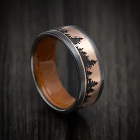 Black Zirconium and Gold Spruce Pine Tree Design Men's Ring with Wood Sleeve