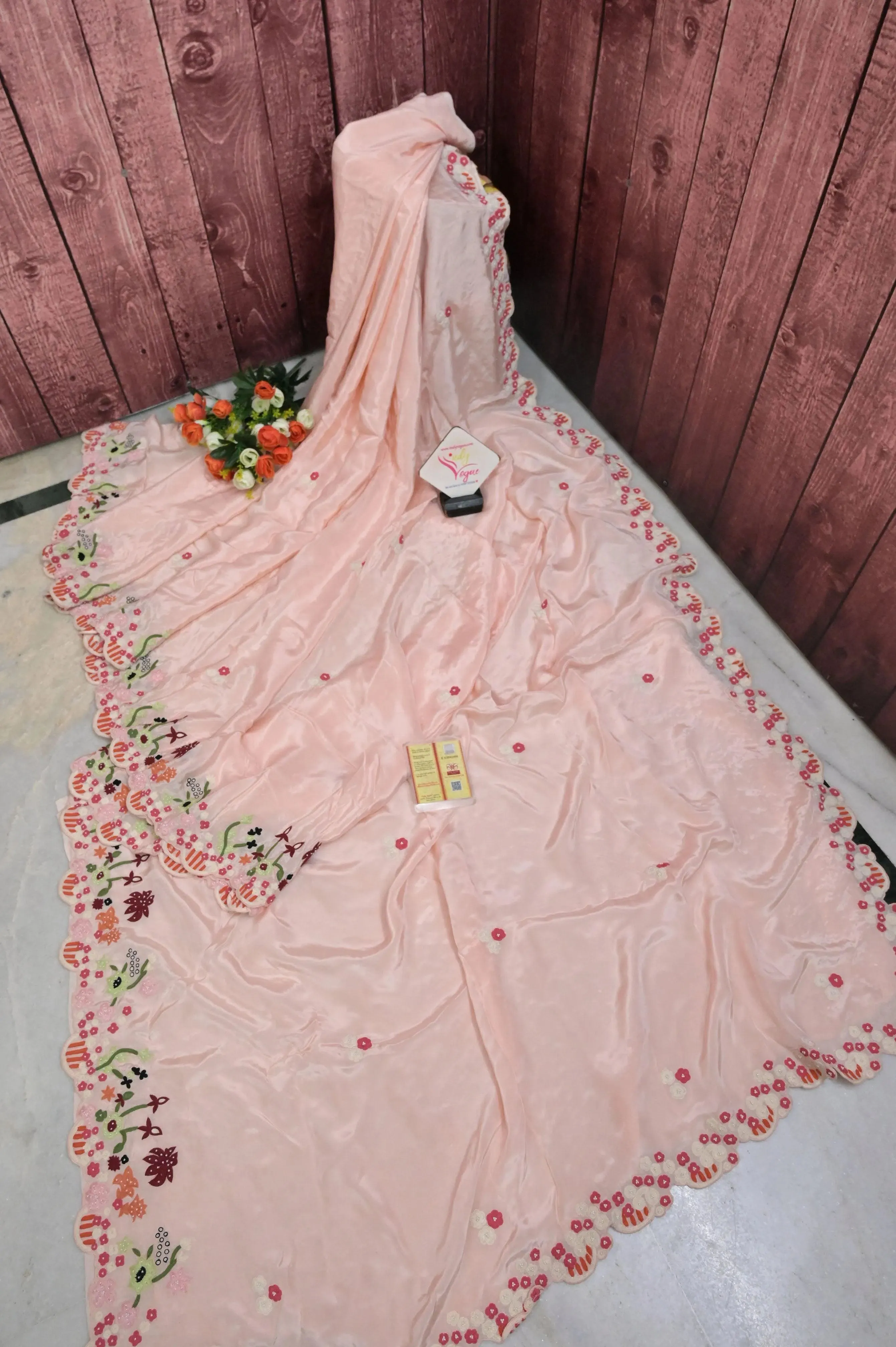 Blush Peach Color Crepe Silk with Hand Pearl Embroidery with Scallops Border