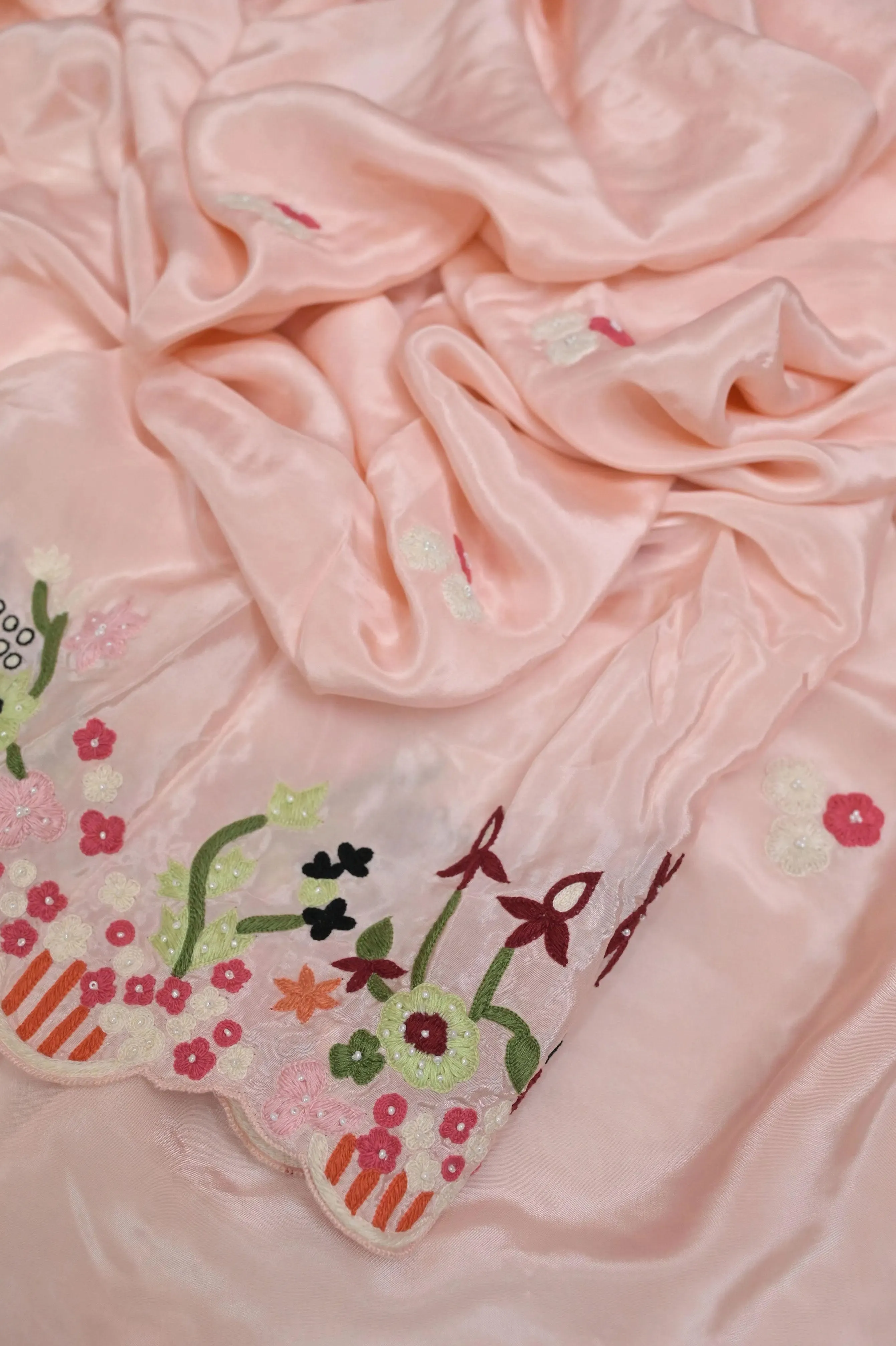 Blush Peach Color Crepe Silk with Hand Pearl Embroidery with Scallops Border