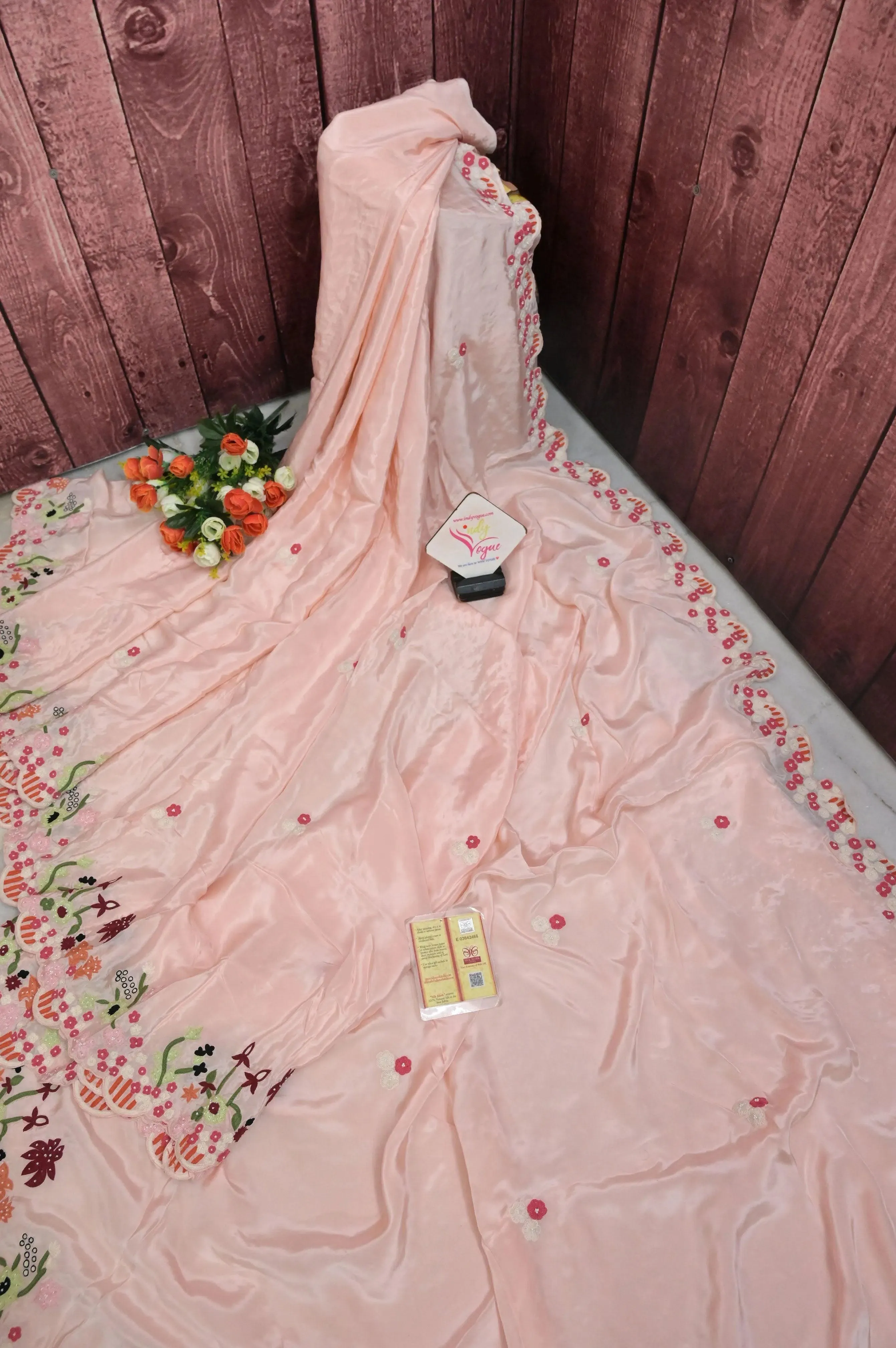 Blush Peach Color Crepe Silk with Hand Pearl Embroidery with Scallops Border