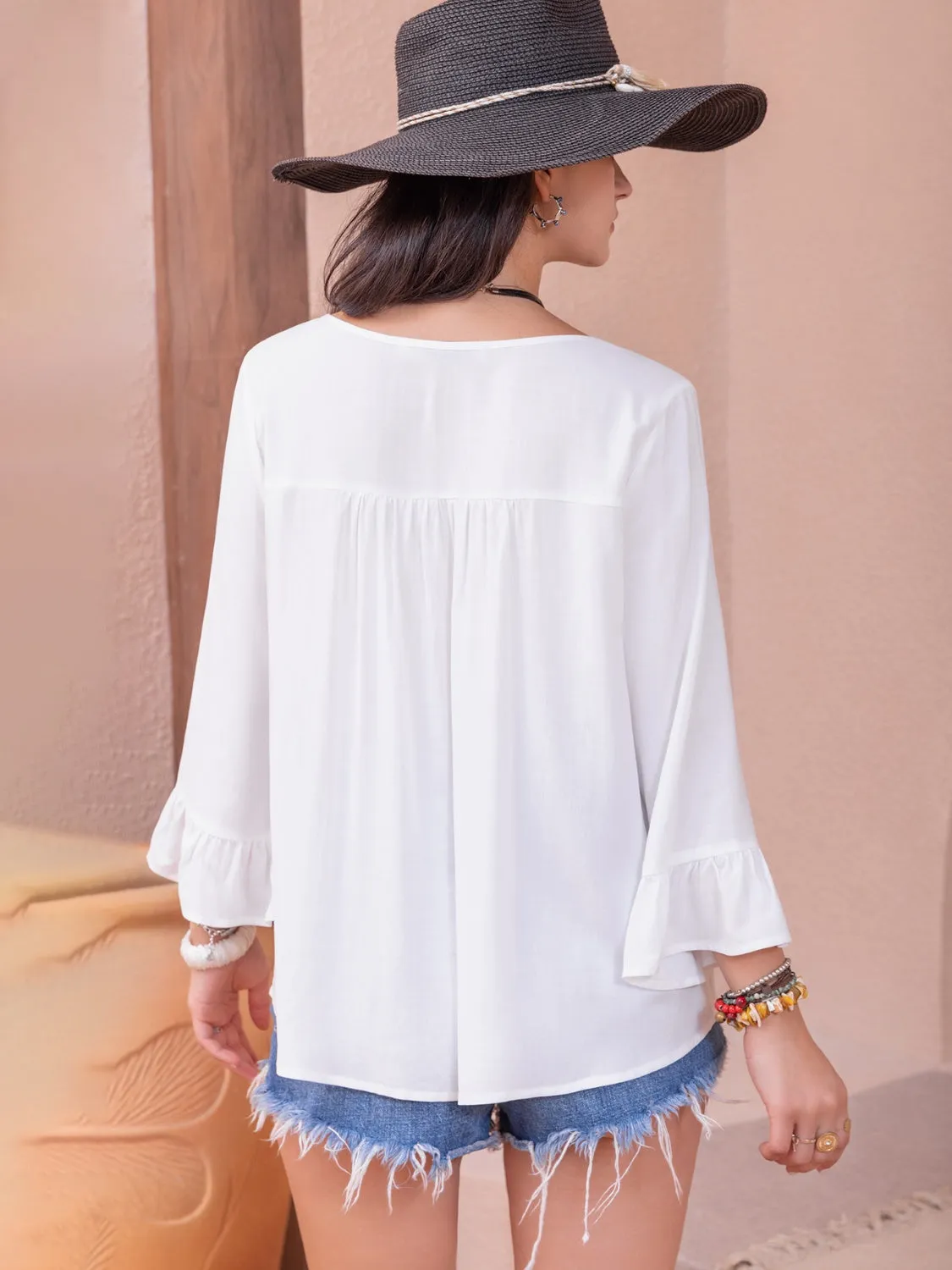 Boho Gypsy Top Cutout V-Neck Flounce Sleeve Blouse