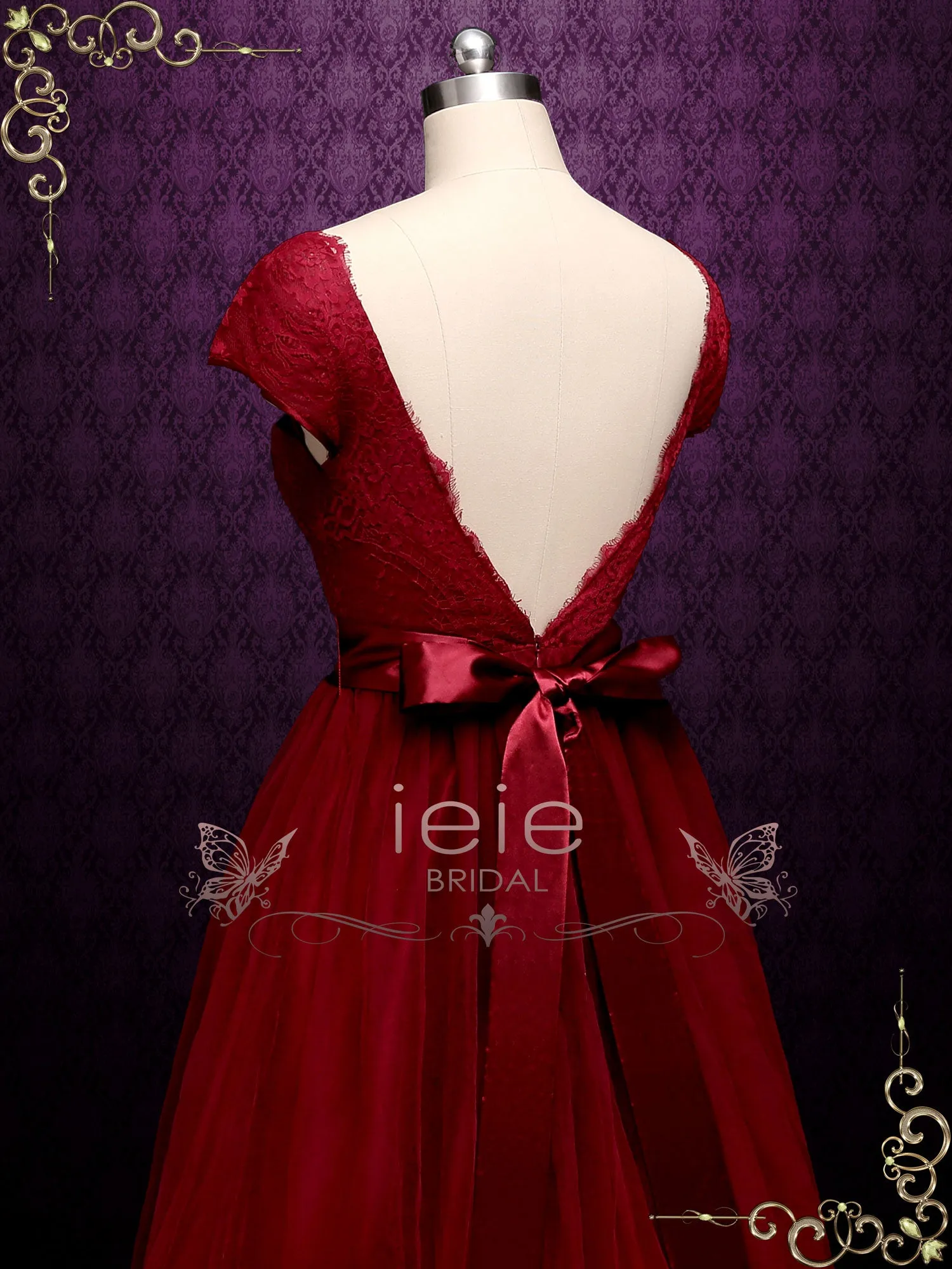 Burgundy Lace A-line Wedding Dress with Short Sleeves LINDEN