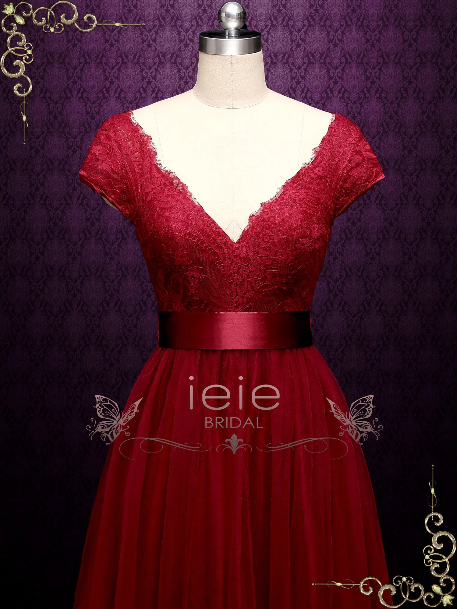 Burgundy Lace A-line Wedding Dress with Short Sleeves LINDEN