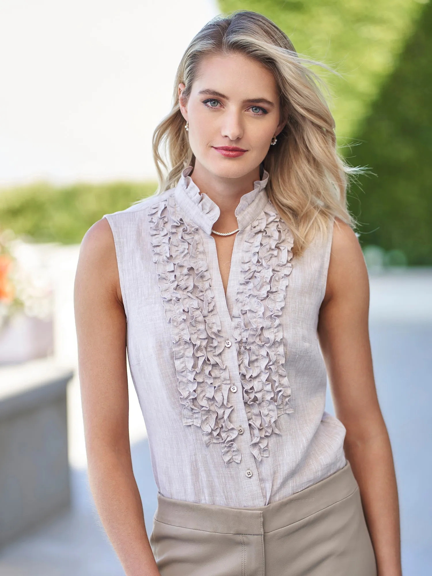 Carli Ruffle Sleeveless Linen Shirt