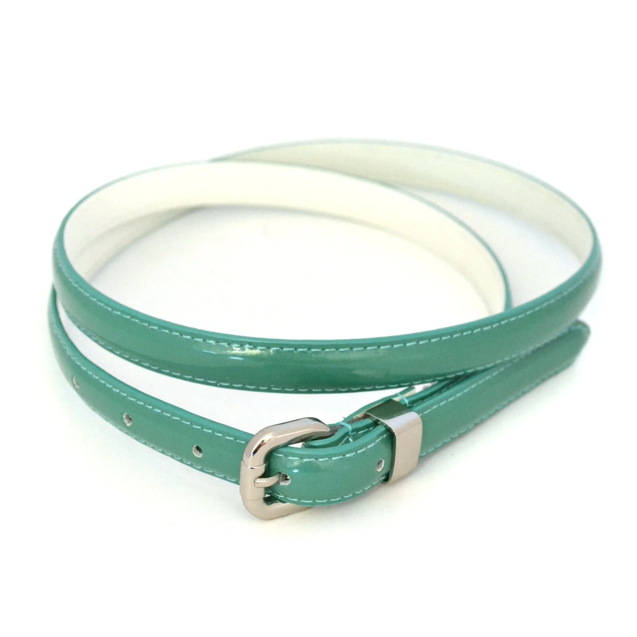 CARRIE -  Women's Forest Green Patent Skinny Leather Belt with Silver Buckle