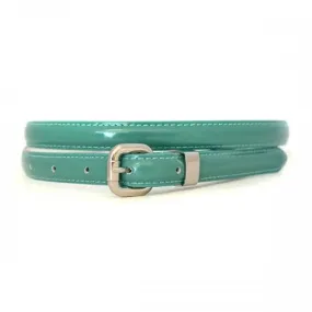 CARRIE -  Women's Forest Green Patent Skinny Leather Belt with Silver Buckle