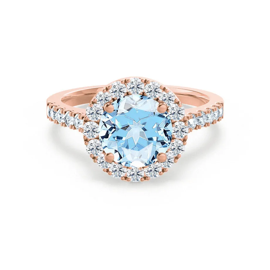 CECILY - Chatham® Lab Grown Aqua Spinel & Diamond 18k Rose Gold Halo Ring