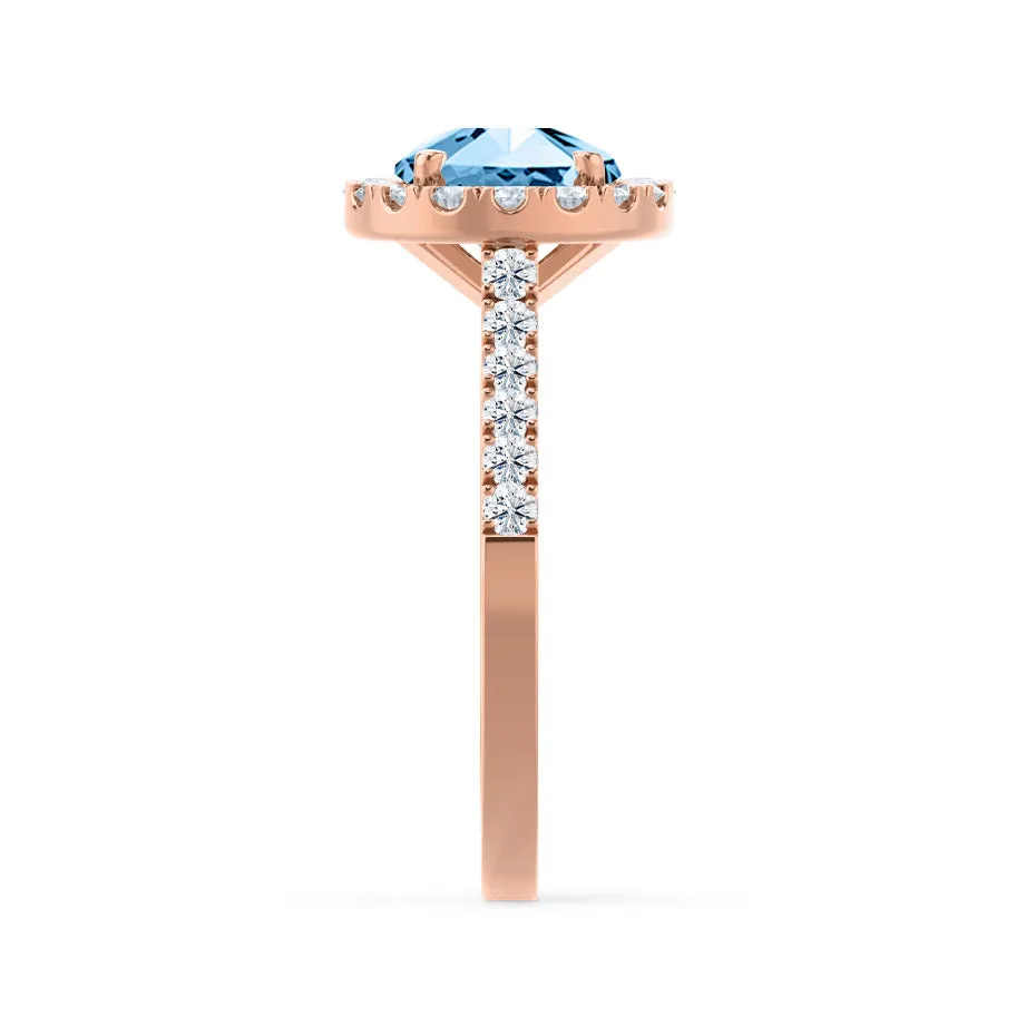 CECILY - Chatham® Lab Grown Aqua Spinel & Diamond 18k Rose Gold Halo Ring