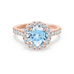 CECILY - Chatham® Lab Grown Aqua Spinel & Diamond 18k Rose Gold Halo Ring