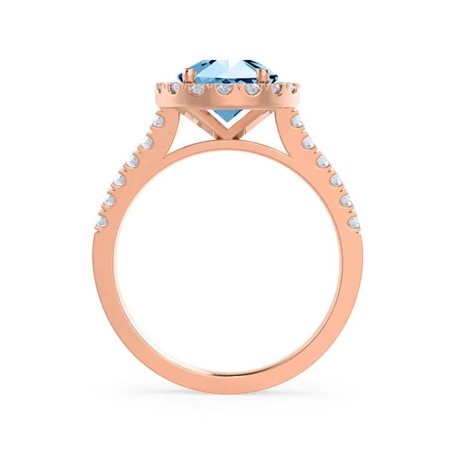 CECILY - Chatham® Lab Grown Aqua Spinel & Diamond 18k Rose Gold Halo Ring