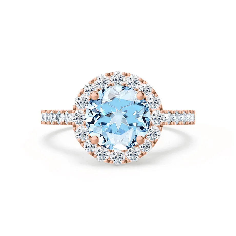 CECILY - Chatham® Lab Grown Aqua Spinel & Diamond 18k Rose Gold Halo Ring