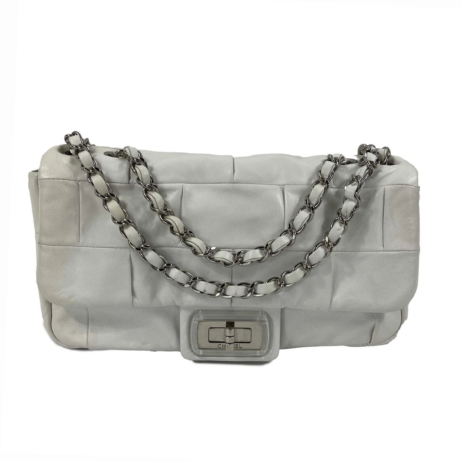 CHANEL - White Lambskin Medium Mademoiselle Lock - Igloo Flap Shoulder Bag