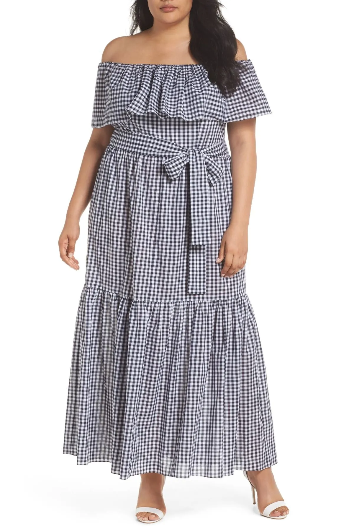 Chelsea28 OTS SPLIT FRONT GINGHAM PLAID MAXI DRESS