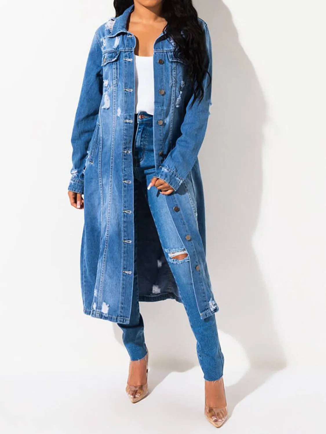 Classy Chic Raw Hem Long Denim Jacket