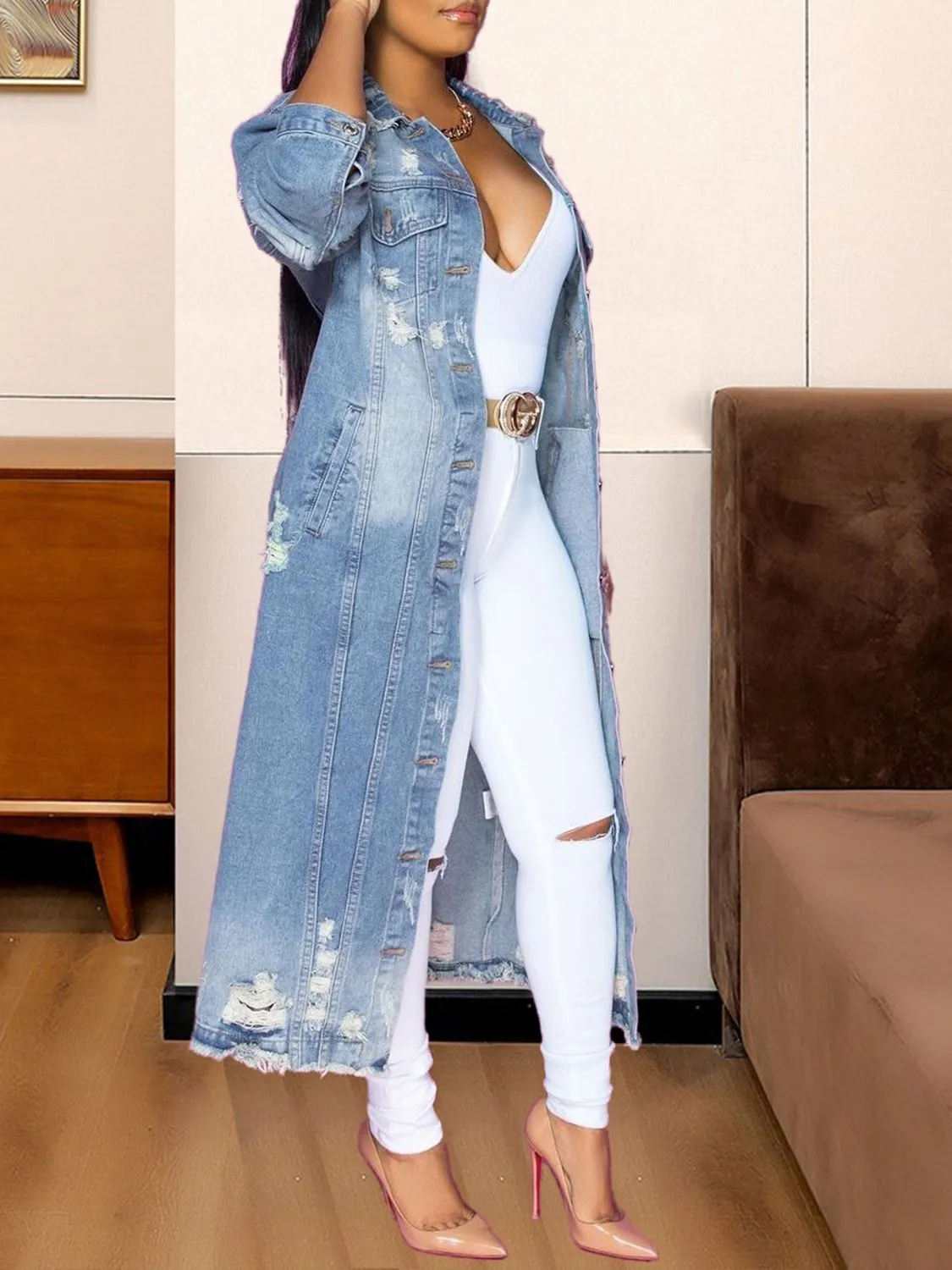 Classy Chic Raw Hem Long Denim Jacket