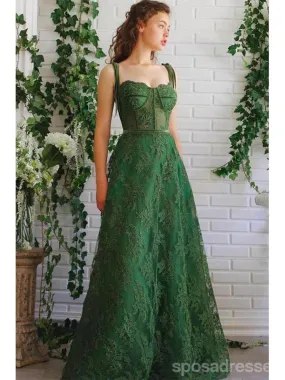 Dark Green A-line Spaghetti Straps Long Prom Dresses Online, Dance Dresses,12701