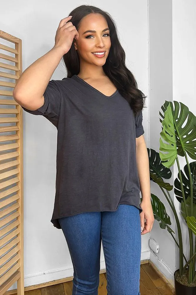 Dark Grey 100% Cotton V-Neck Lazy Fit Blouse