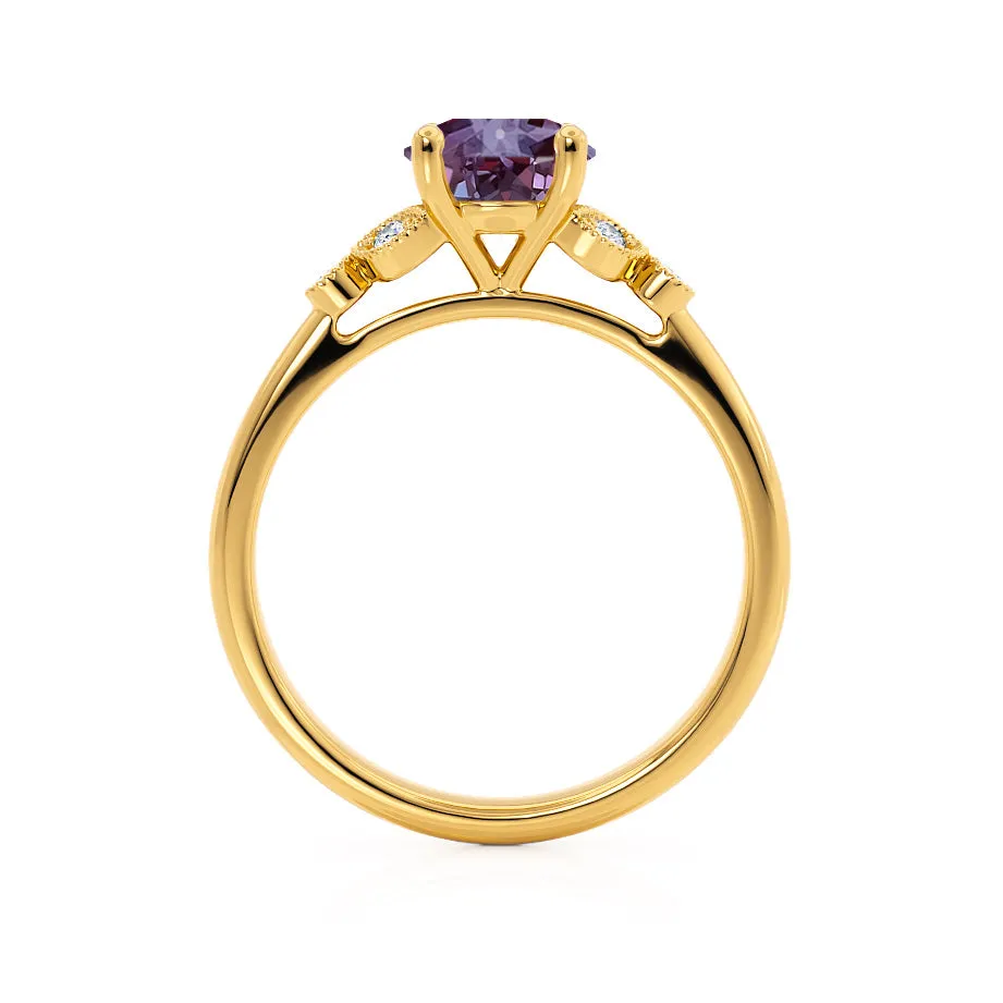 DELILAH - Chatham® Round Alexandrite 18k Yellow Gold Shoulder Set Ring