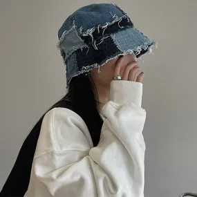 Distressed Patchwork Denim Bucket Hat Blue Jean Fisherman Hat