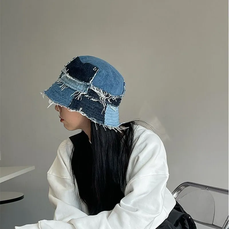 Distressed Patchwork Denim Bucket Hat Blue Jean Fisherman Hat