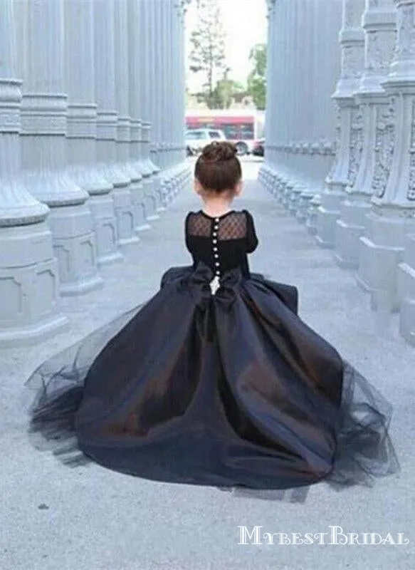 Elegant Black Satin Long Sleeves High-low A-line Long Cheap Flower Girl Dresses, FGS0011