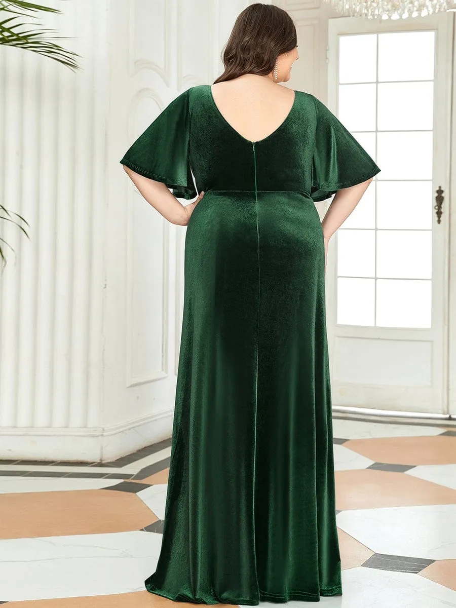 Elegant Double V Neck Velvet Party Dress with Sleeves