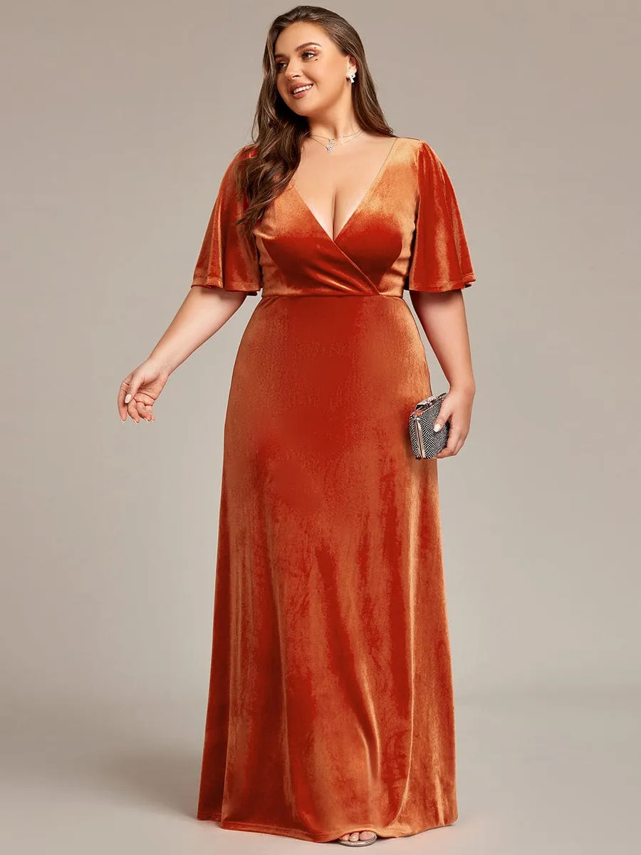 Elegant Double V Neck Velvet Party Dress with Sleeves