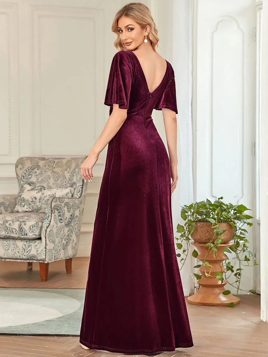 Elegant Double V Neck Velvet Party Dress with Sleeves