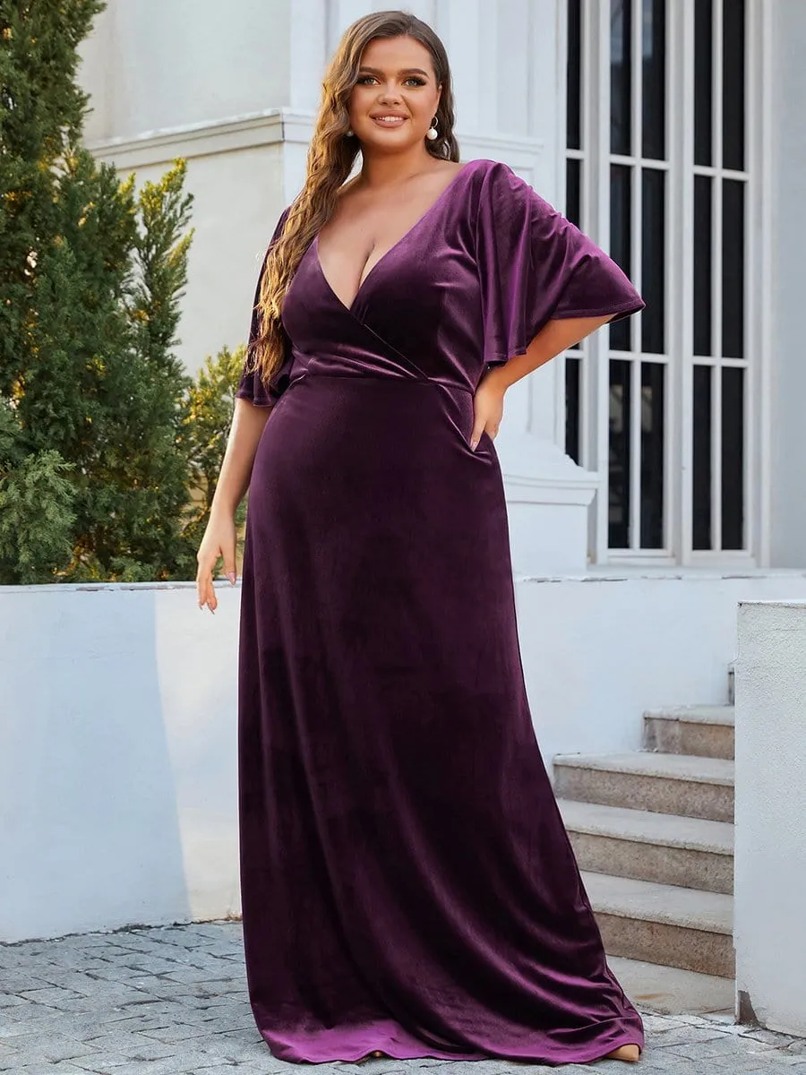 Elegant Double V Neck Velvet Party Dress with Sleeves