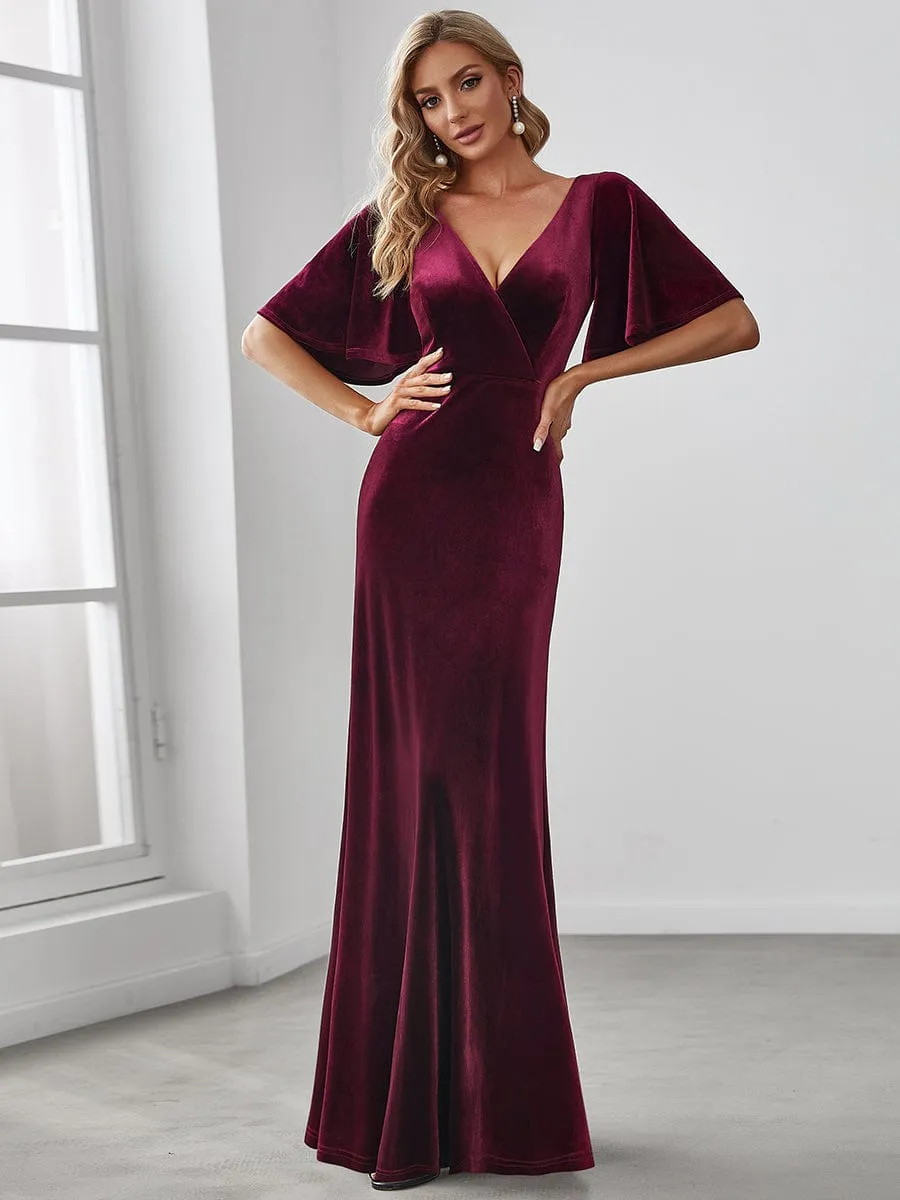 Elegant Double V Neck Velvet Party Dress with Sleeves