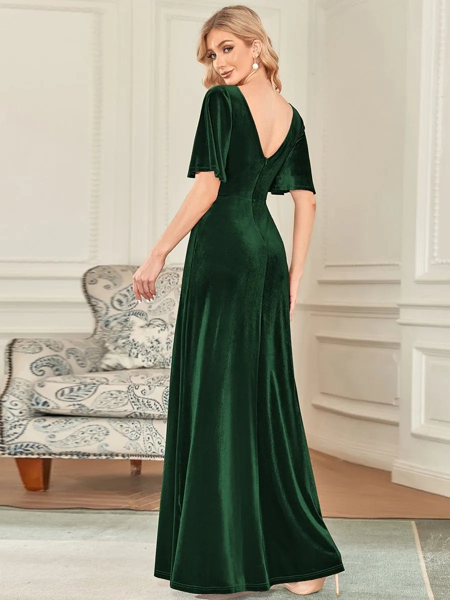 Elegant Double V Neck Velvet Party Dress with Sleeves