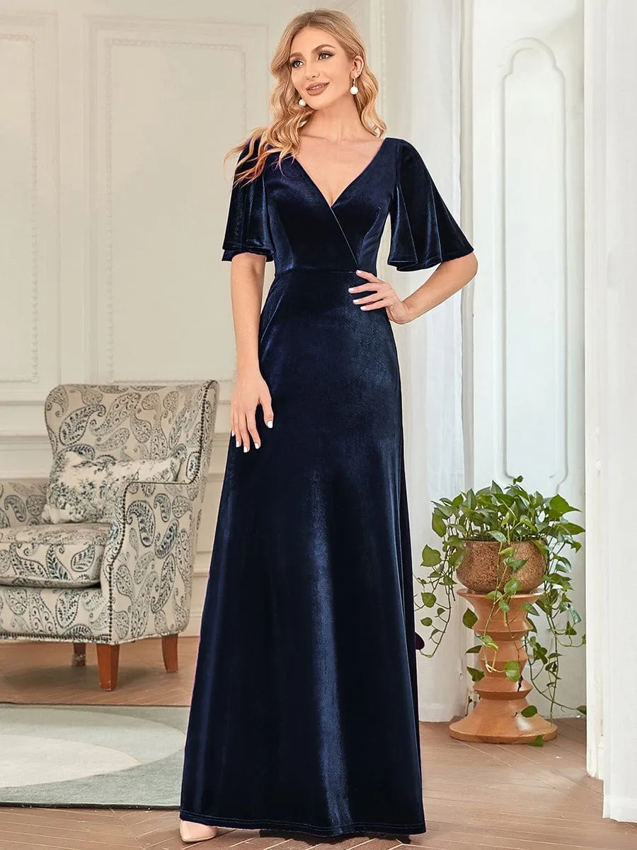 Elegant Double V Neck Velvet Party Dress with Sleeves