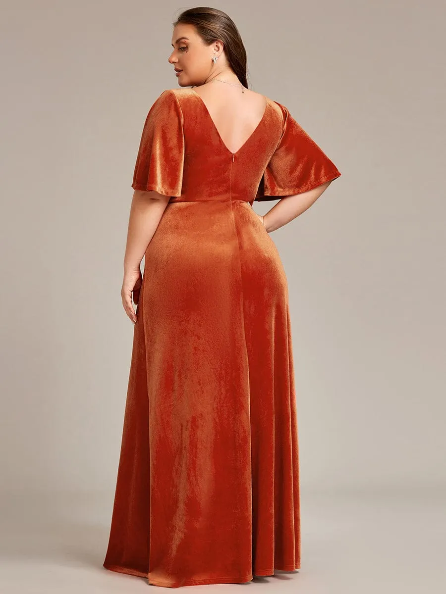 Elegant Double V Neck Velvet Party Dress with Sleeves