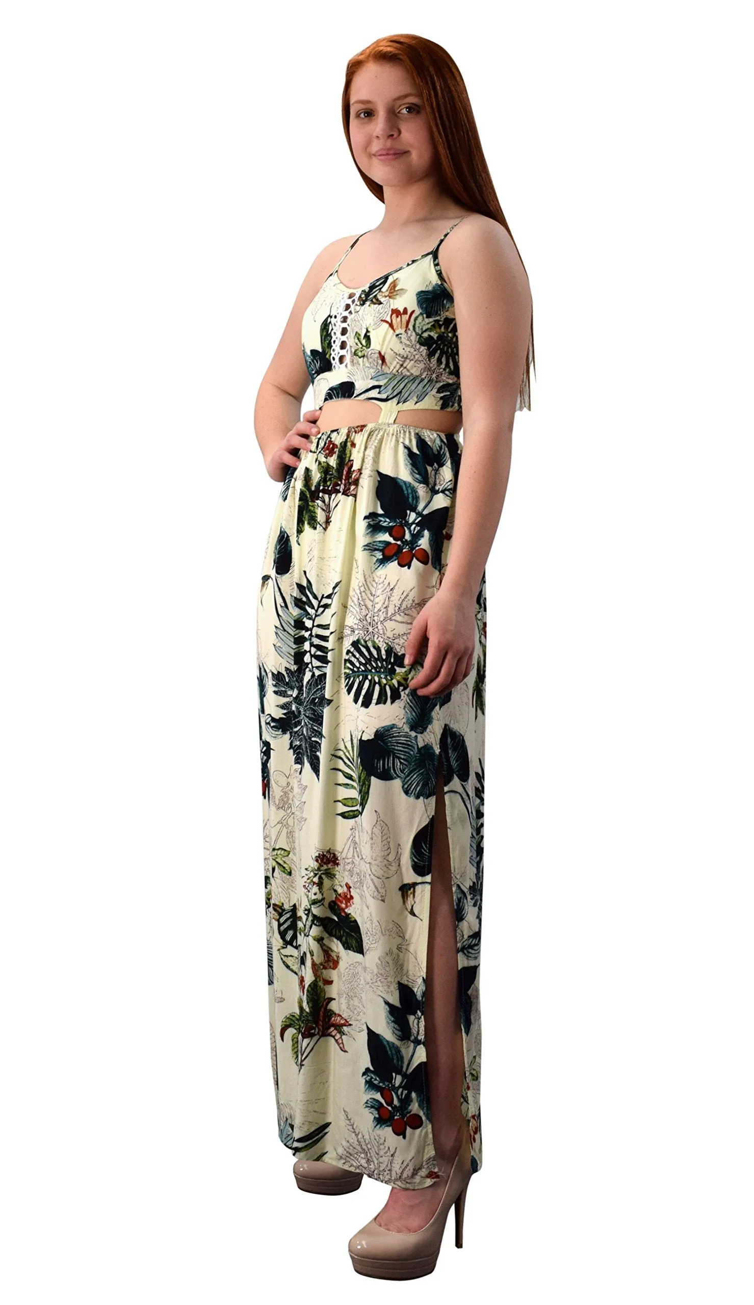 Floral Print Cut Out Waist Spaghetti Strap Side Slit Maxi Dress