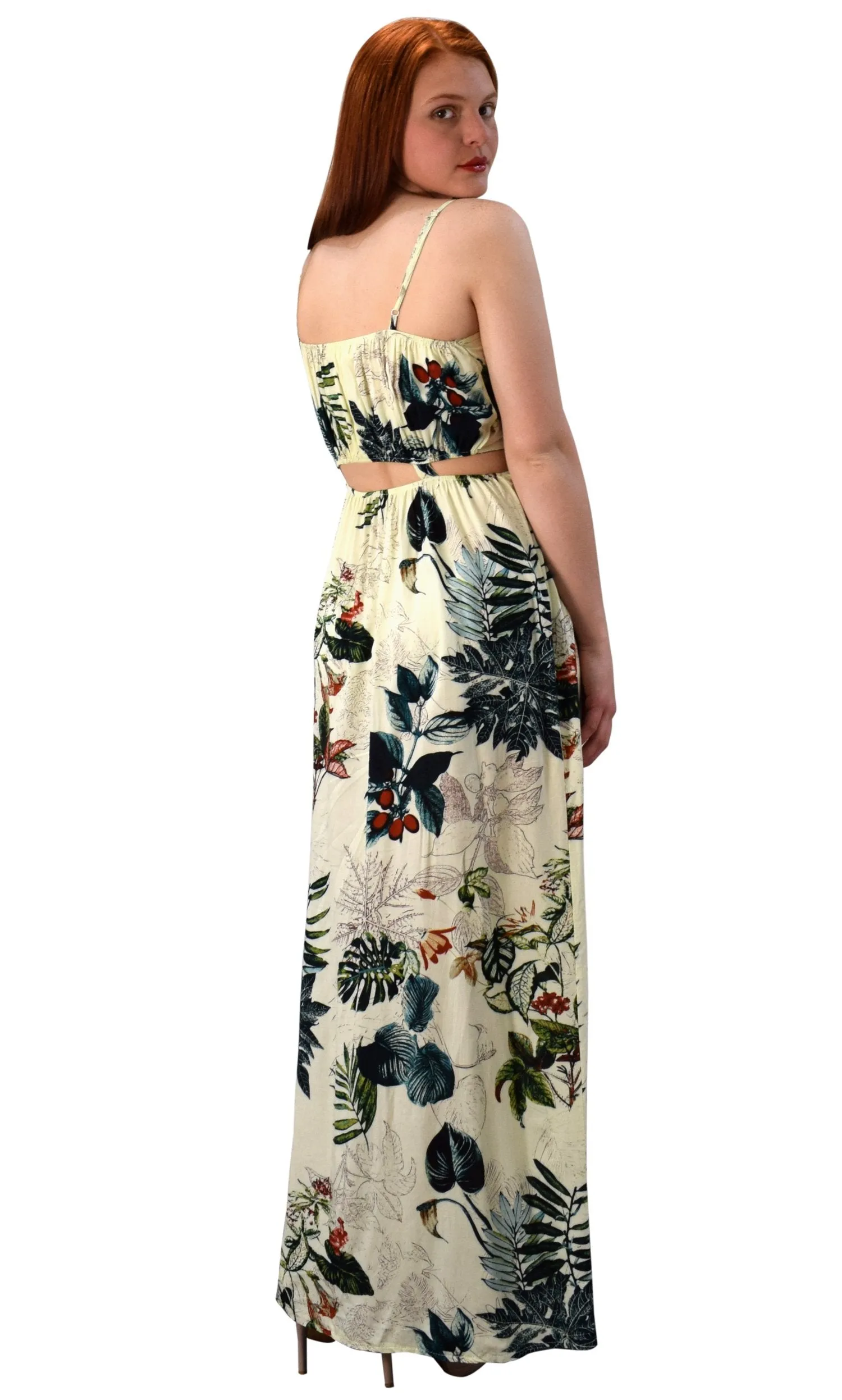 Floral Print Cut Out Waist Spaghetti Strap Side Slit Maxi Dress