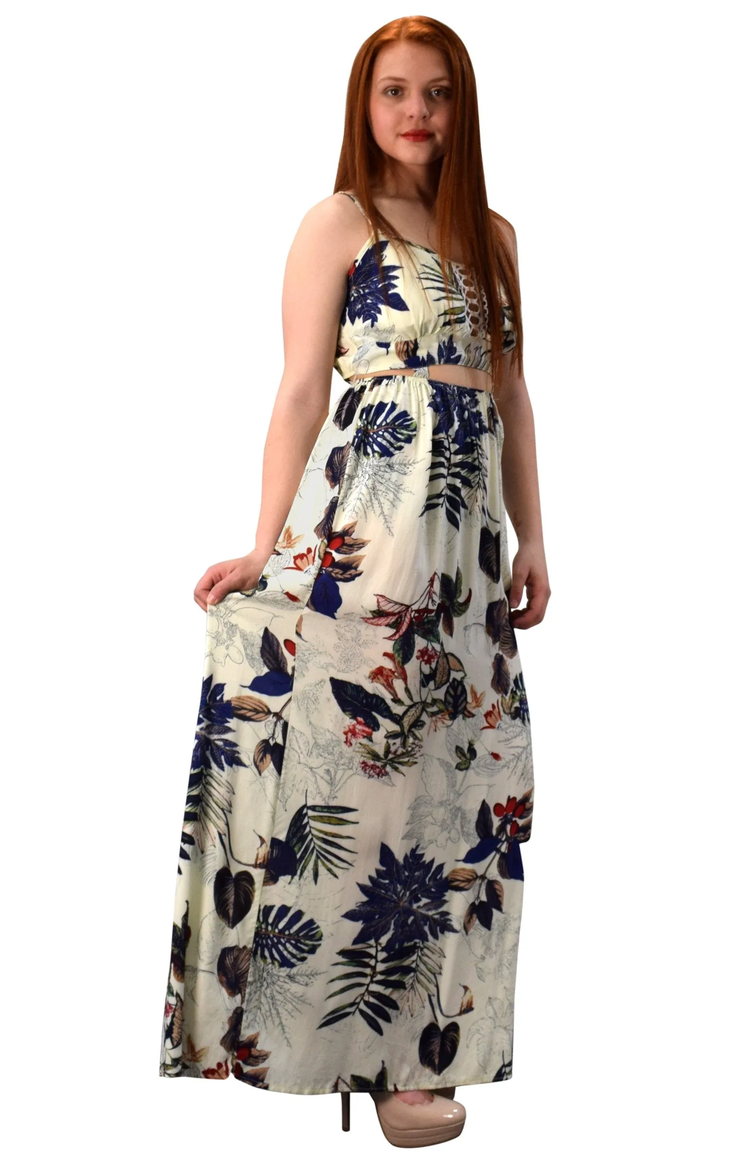 Floral Print Cut Out Waist Spaghetti Strap Side Slit Maxi Dress