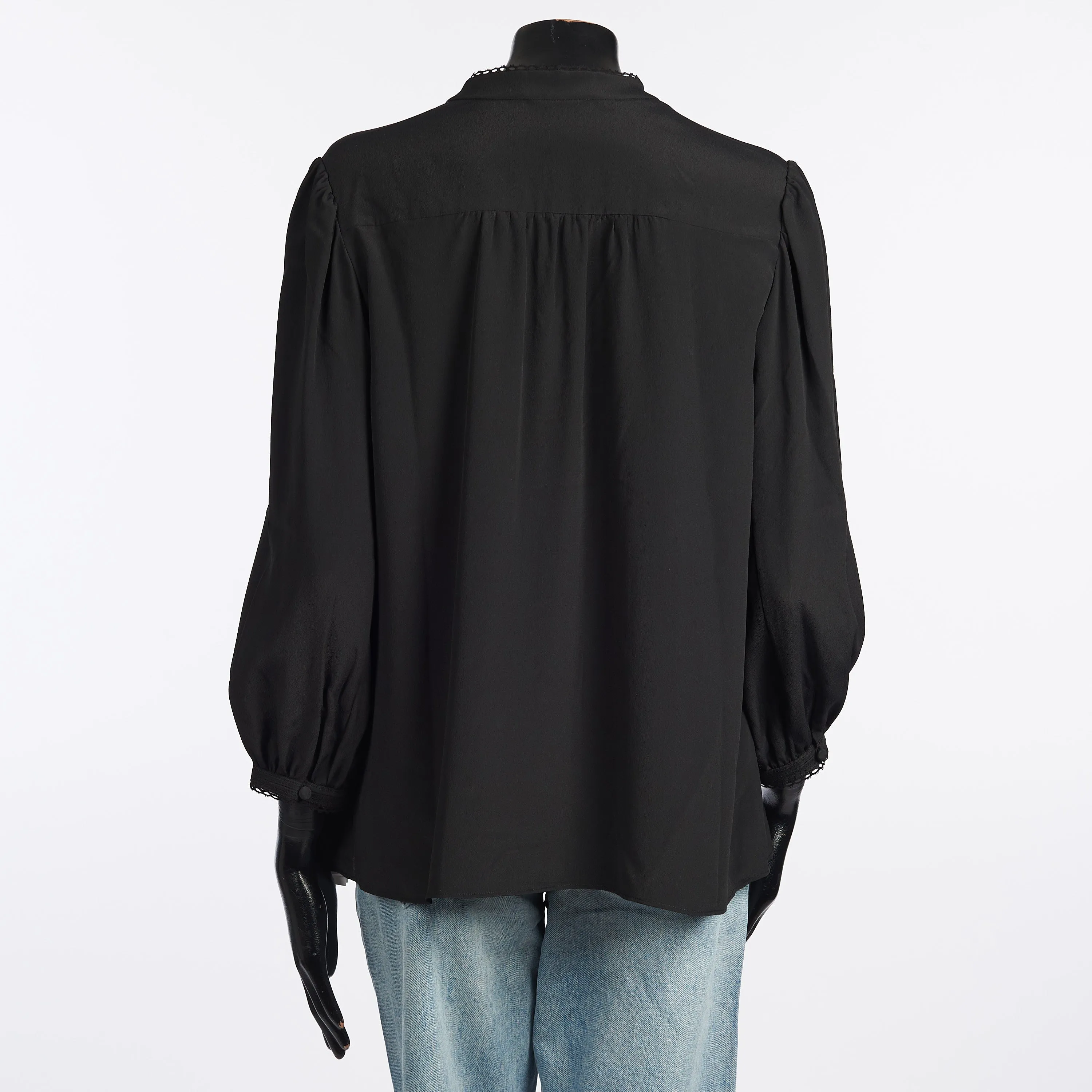 Folk Blouse With 3/4 Sleeves In Black Silk Crepe