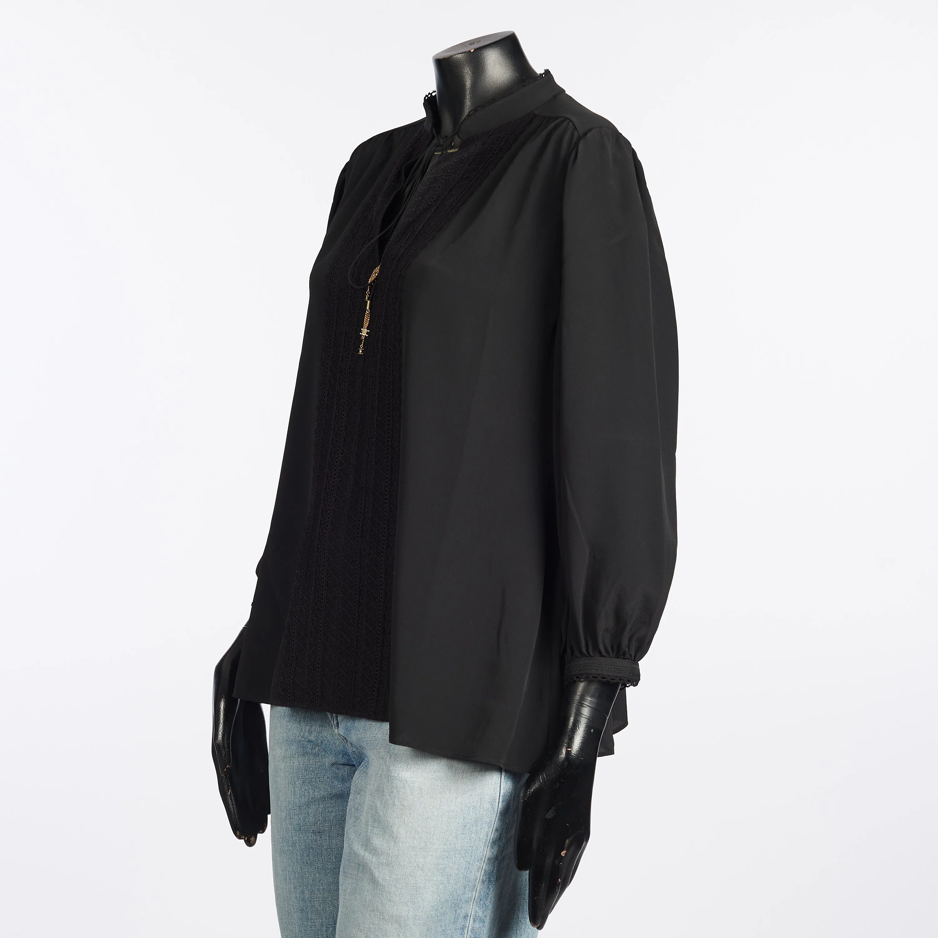 Folk Blouse With 3/4 Sleeves In Black Silk Crepe