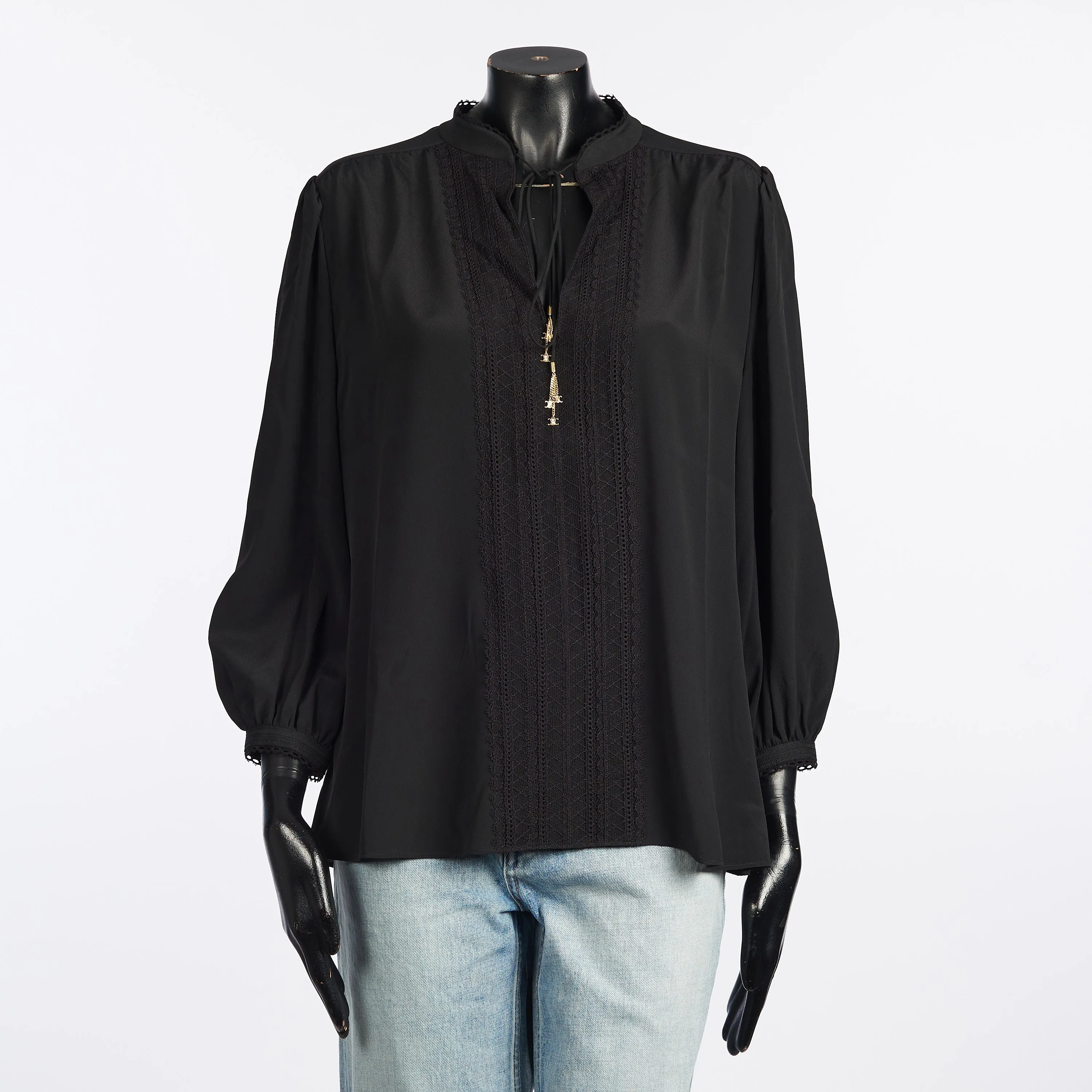 Folk Blouse With 3/4 Sleeves In Black Silk Crepe