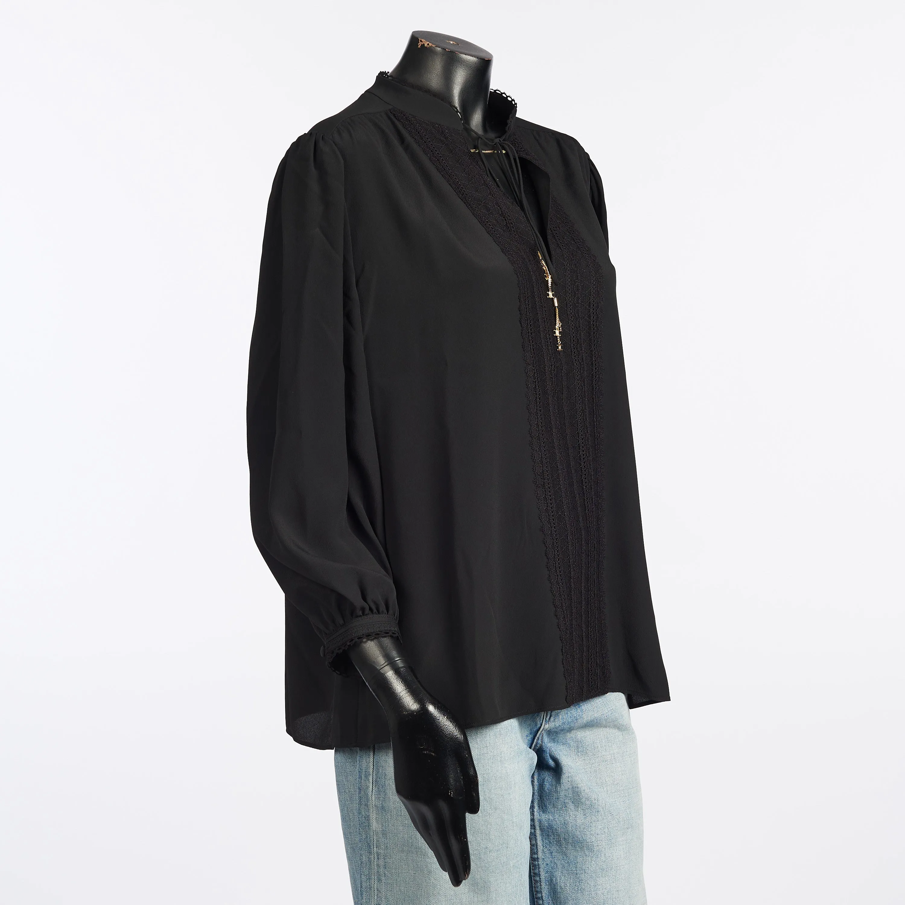 Folk Blouse With 3/4 Sleeves In Black Silk Crepe