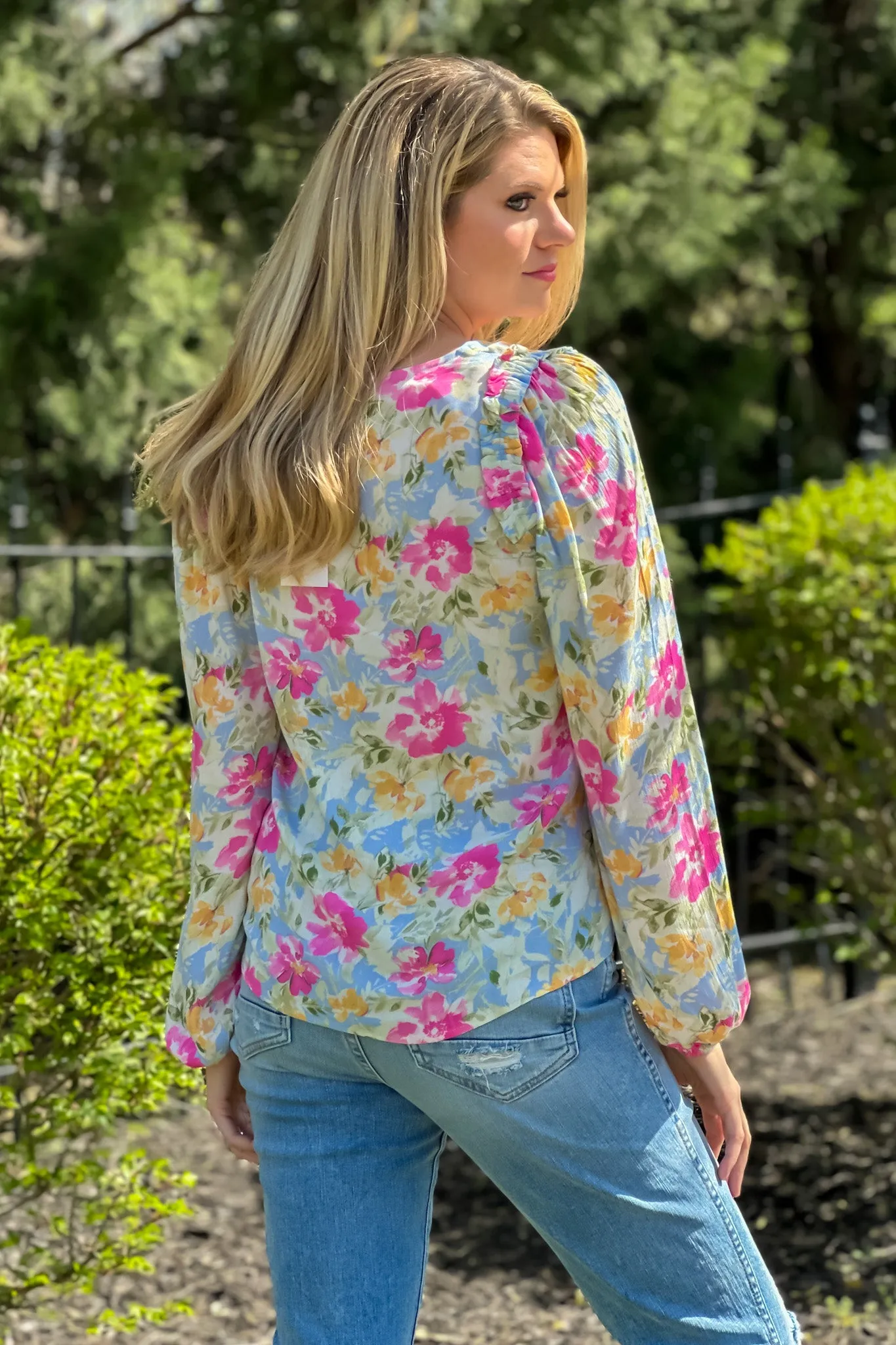 Fresh Air Affair Ruffle Detail Floral Blouse : Light Blue/Pink