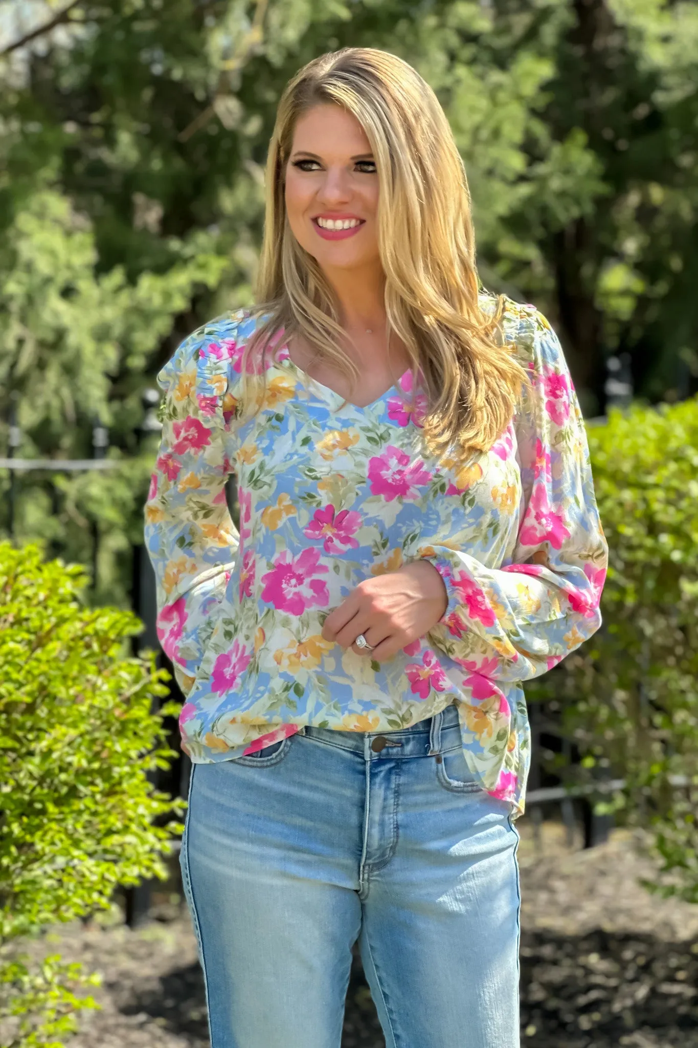 Fresh Air Affair Ruffle Detail Floral Blouse : Light Blue/Pink