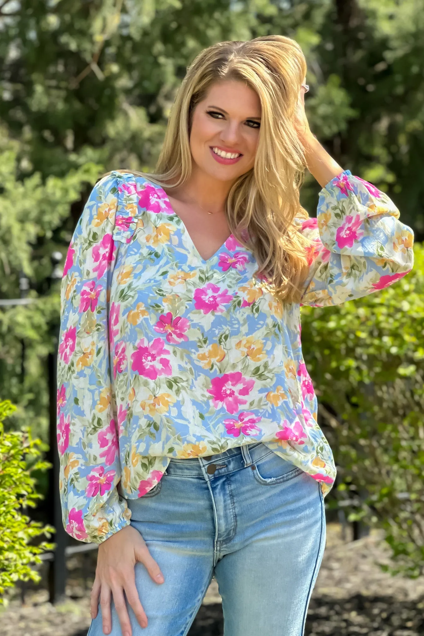 Fresh Air Affair Ruffle Detail Floral Blouse : Light Blue/Pink