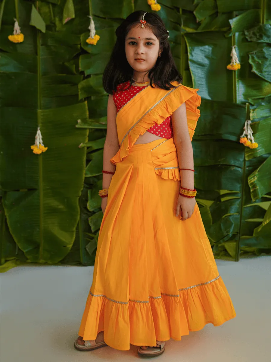 Girls Ruffle Saree-Yellow