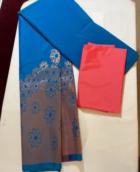 Gorgeous Blue Soft Silk Saree Included Pink Blouse With Gold Zari Work