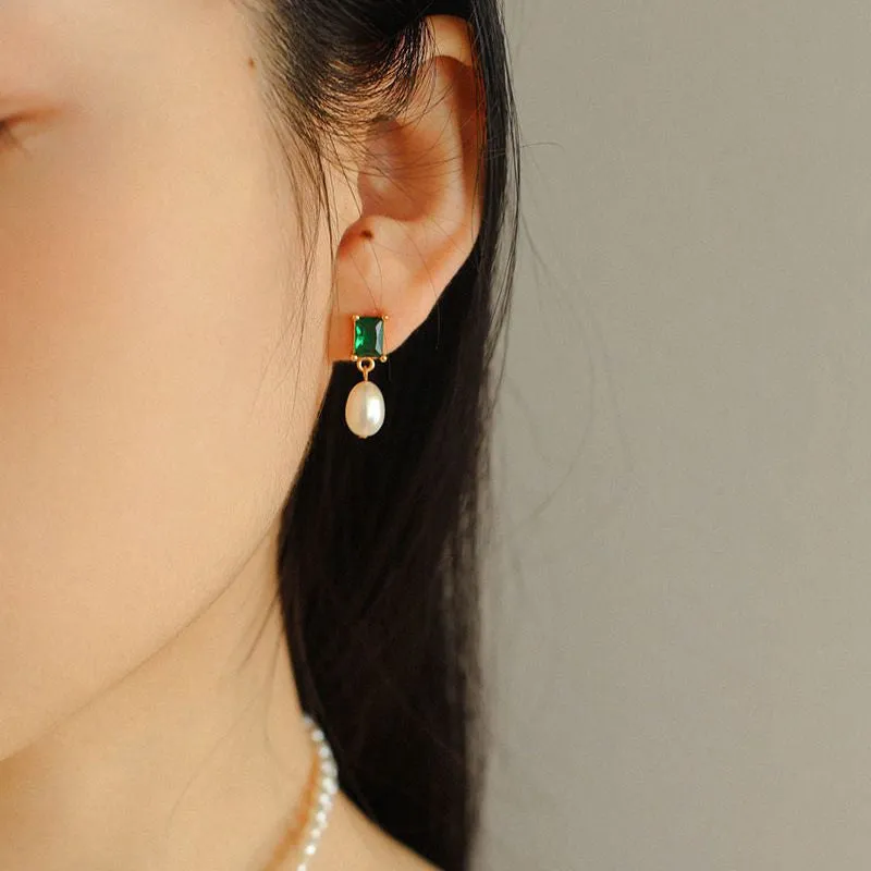 Green CZ Pearl Drop Earrings