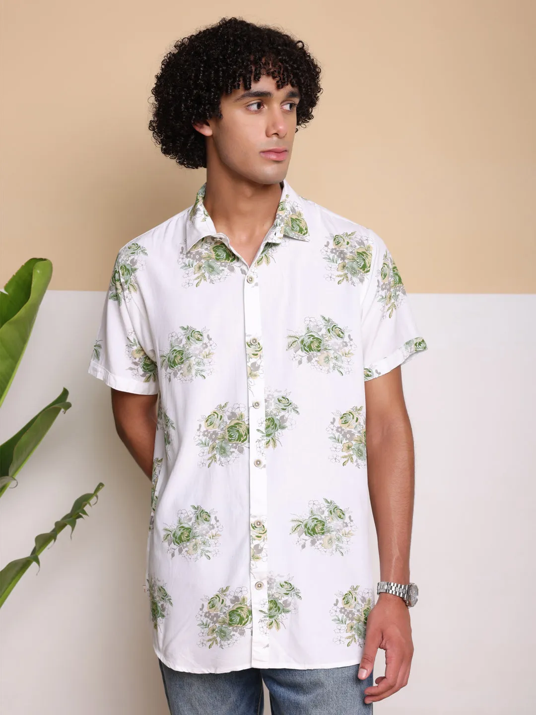 Green Half Casual Printed Cotton Shirt Regular Fit For Man