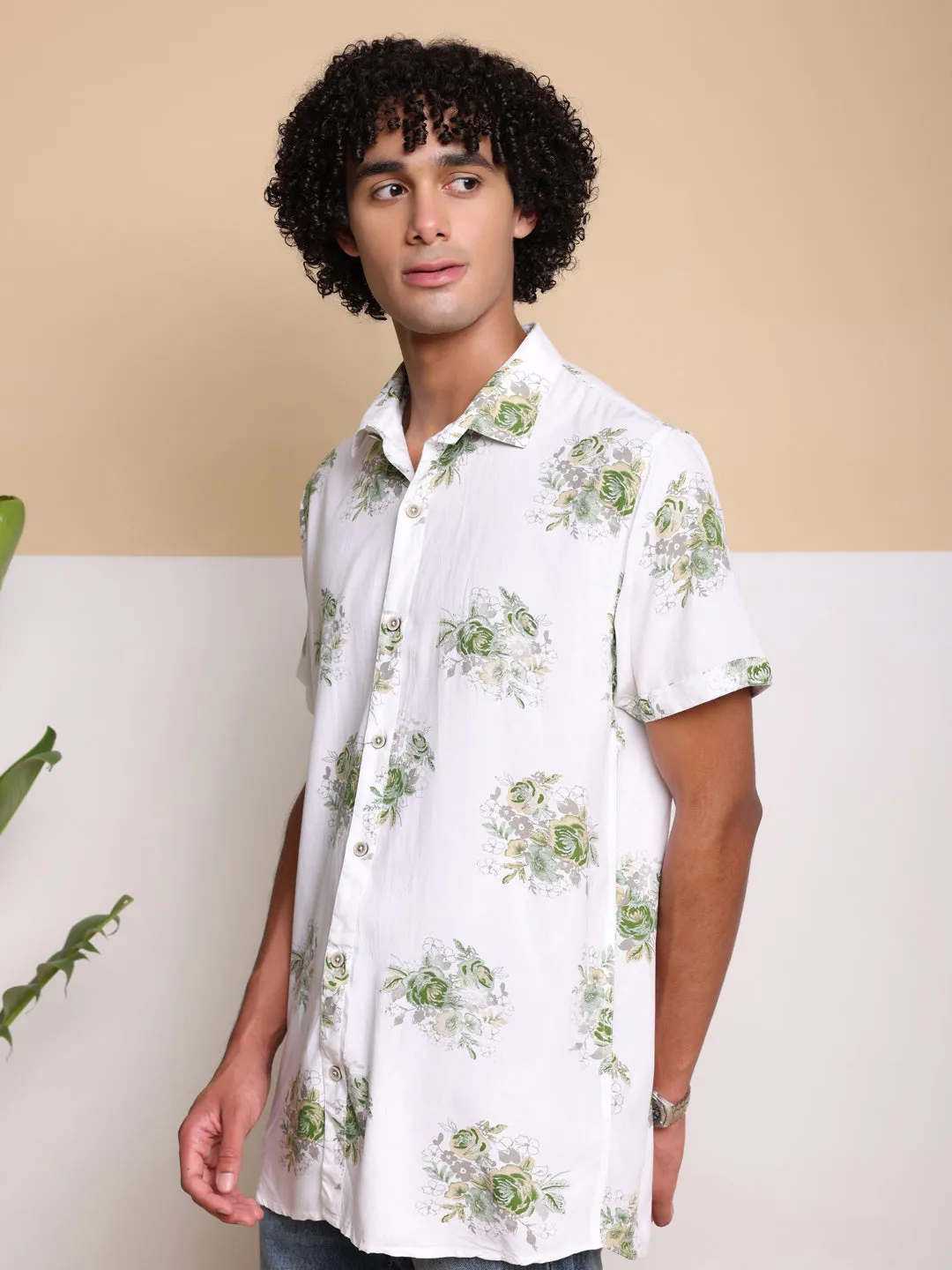 Green Half Casual Printed Cotton Shirt Regular Fit For Man