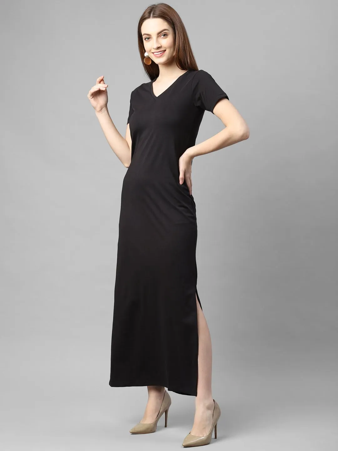 Half Sleeve V- Neck Maxi Dress